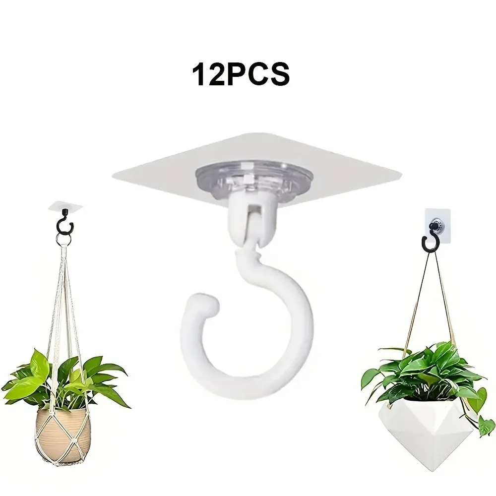 12pcs, 360-degree Rotatable, Self-adhesive Ceiling Hangers, Holeless Self-adhesive Ceiling Hangers, Ceiling Hooks Without Screws, Used for Hanging Lights, Plants, Lanterns, Wind Chimes, Clothes Hangers, Eye-catching Hooks for Moving Curtains