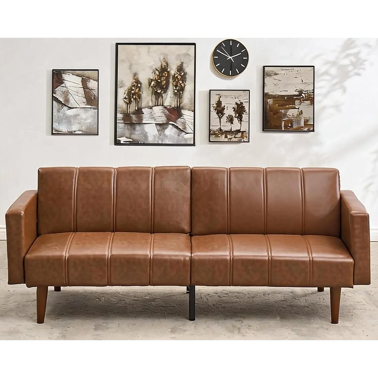 75" Futon Sofa Bed, Mid-Century Modern Futon Couch, Convertible Sleeper Sofa with Adjustable Backrest, Loveseat, Small Sofa with Side Pockets, PU Leather Sofa Couch for Living Room, Brown