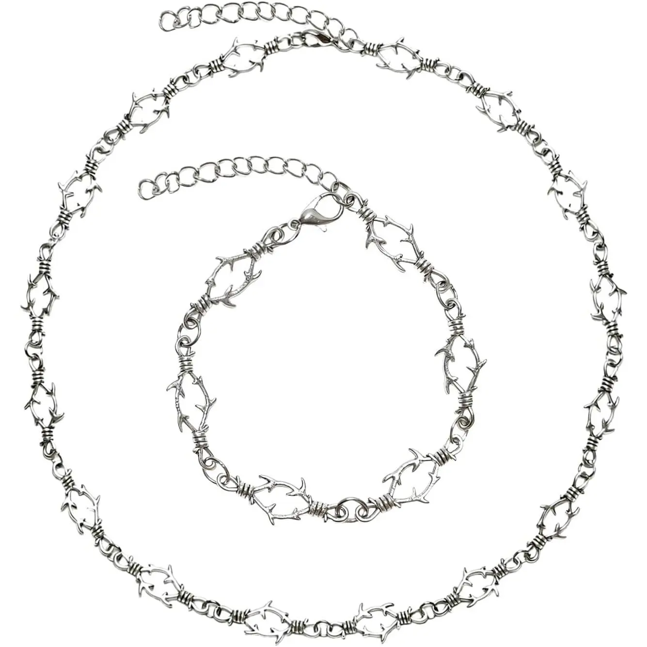 Barbed Wire Thorns Necklace and Bracelet Set for Men, Punk  , Barb Wire Choker with Matching Cuff, Edgy Metal Chain Style