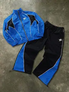 Men's Retro Sport Set Two-Piece, Stand Collar Jacket and Pants, Blue Plaid, Fall Street Style, Fitness, Blue Contrast, Loose Fit