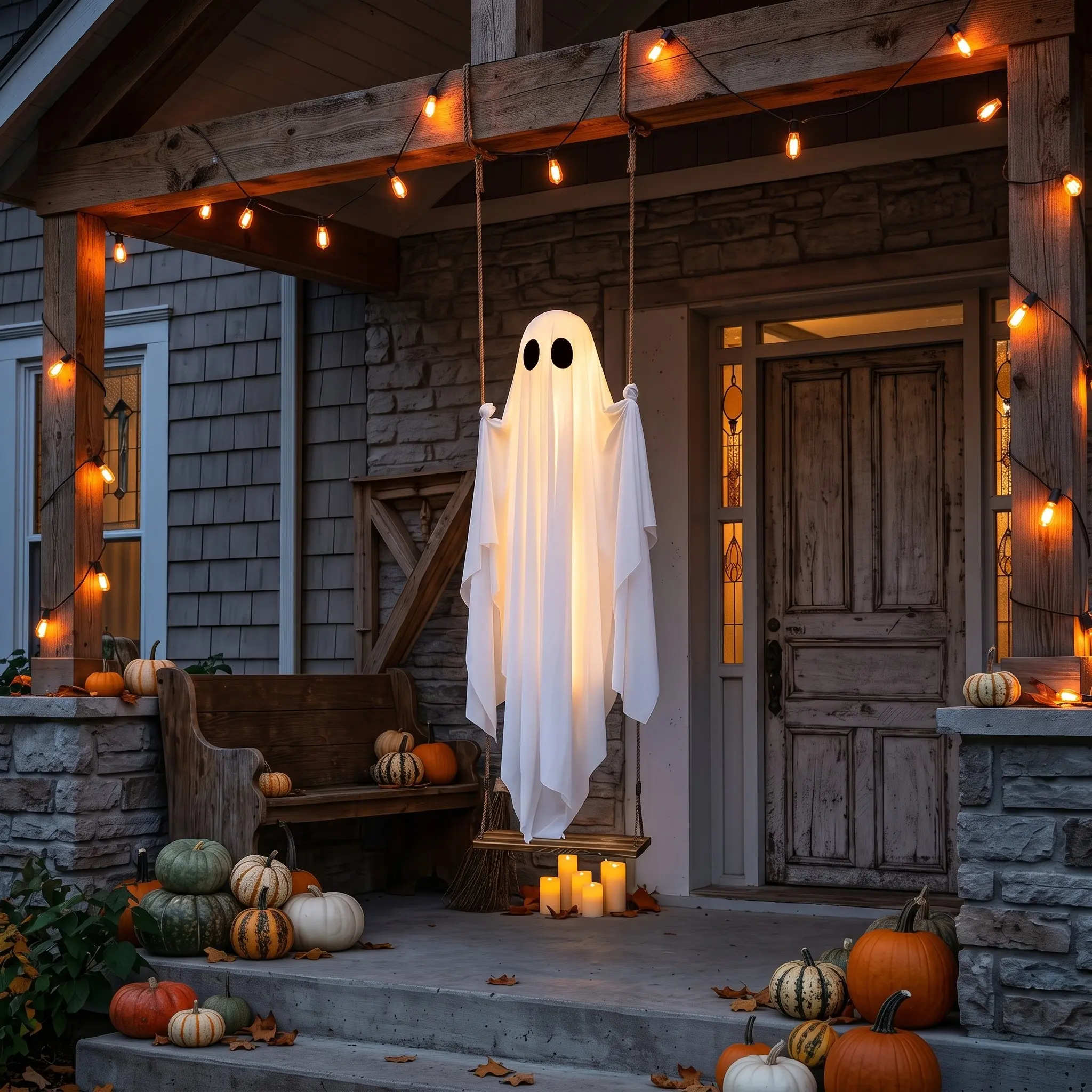 Large Swinging Ghost with Remote Lights, Spooky Front Porch Decor, Light-Up Hanging Swing Ghost, Cute Spooky Outdoor Tree Halloween Decor