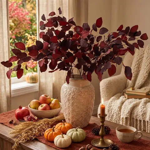 5-Pack Artificial Fall Beech Leaf Stem Decor, Faux Autumn Leaves Floral Arrangement for Home, Office & Wedding Table Centerpiece, Autumn Decor, Faux Greenery
