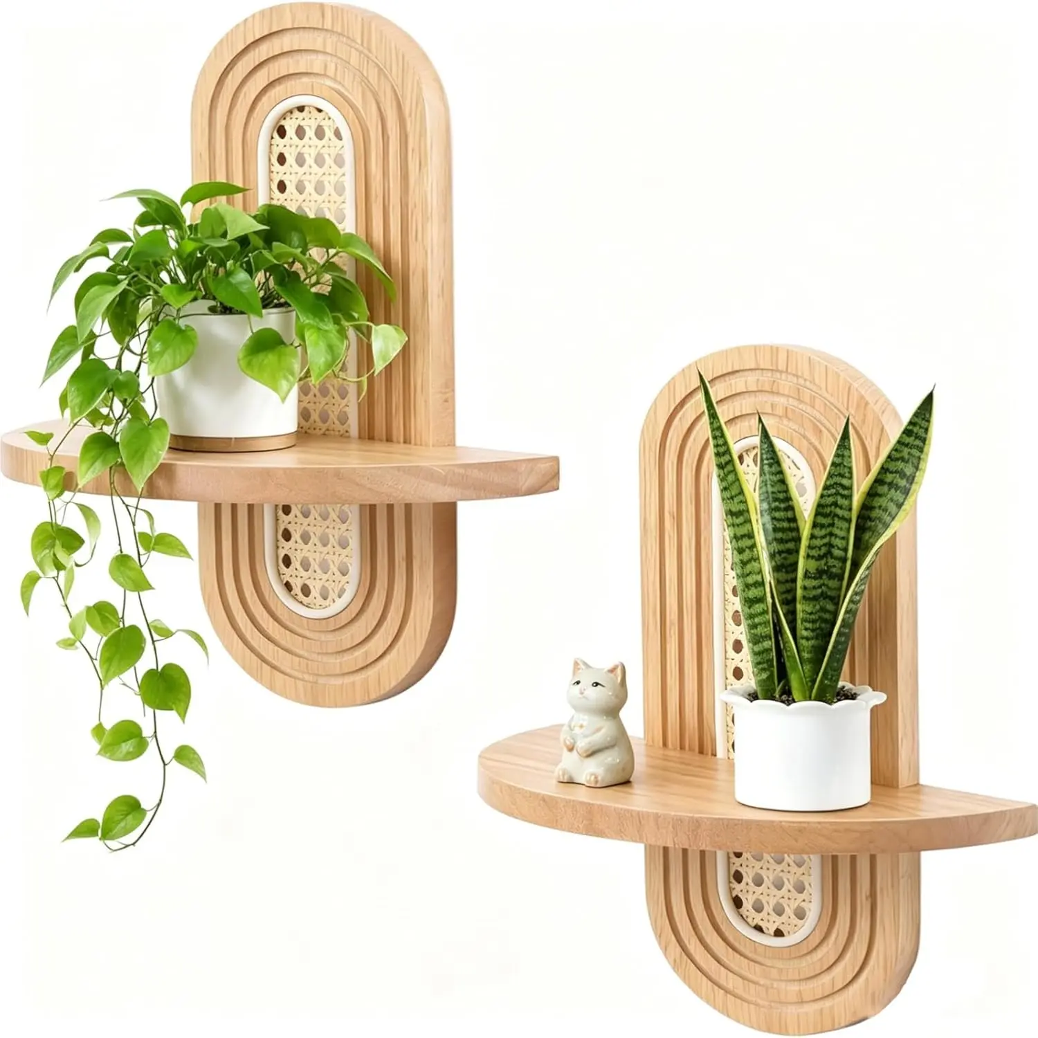 2 Pack Bohemian Decorative Floating Shelves - Natural Rattan Solid Wood Walnut Rainbow Arch 2-Tier Storage Rack for Trinkets Plants, Easy Installation Wall Decor for Kid Room Bedroom (Natural), Wall-Mount Floating Shelves