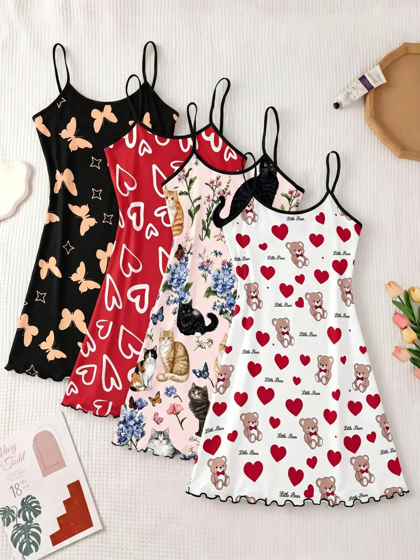 4-Pack Sleeveless Nightdresses, All-Over Print, Wave Edge Design, Breathable & Comfortable, Casual Home Wear, Sweet Cool Style, All Seasons Nightwear, Sleepwear Homewear Clothes