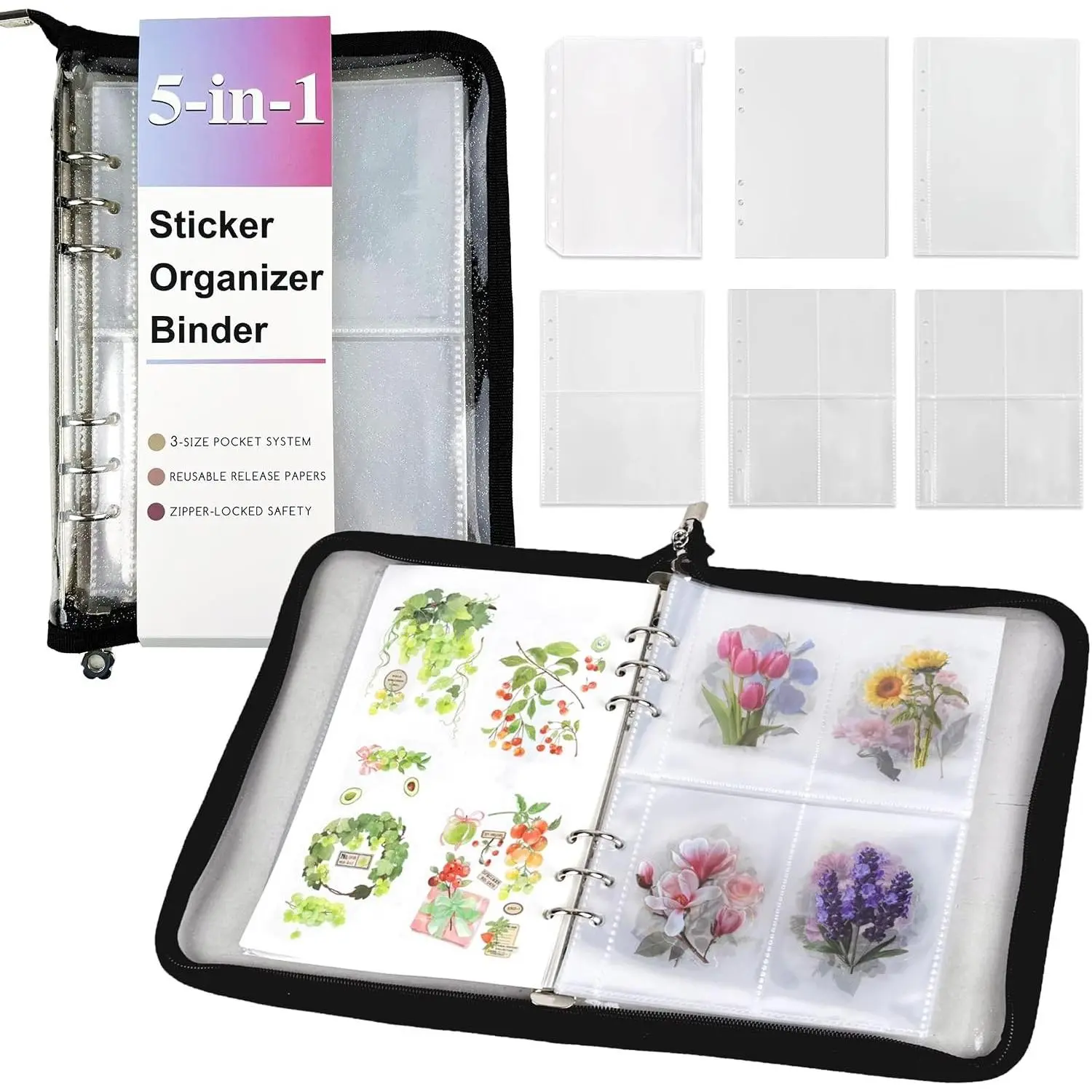 5-in-1 Reusable A5 Sticker Organizer Binder with 220 Pockets, 10 Release Papers, Zipper Album for Sticker Collecting, Display & Storage (Black)Gift