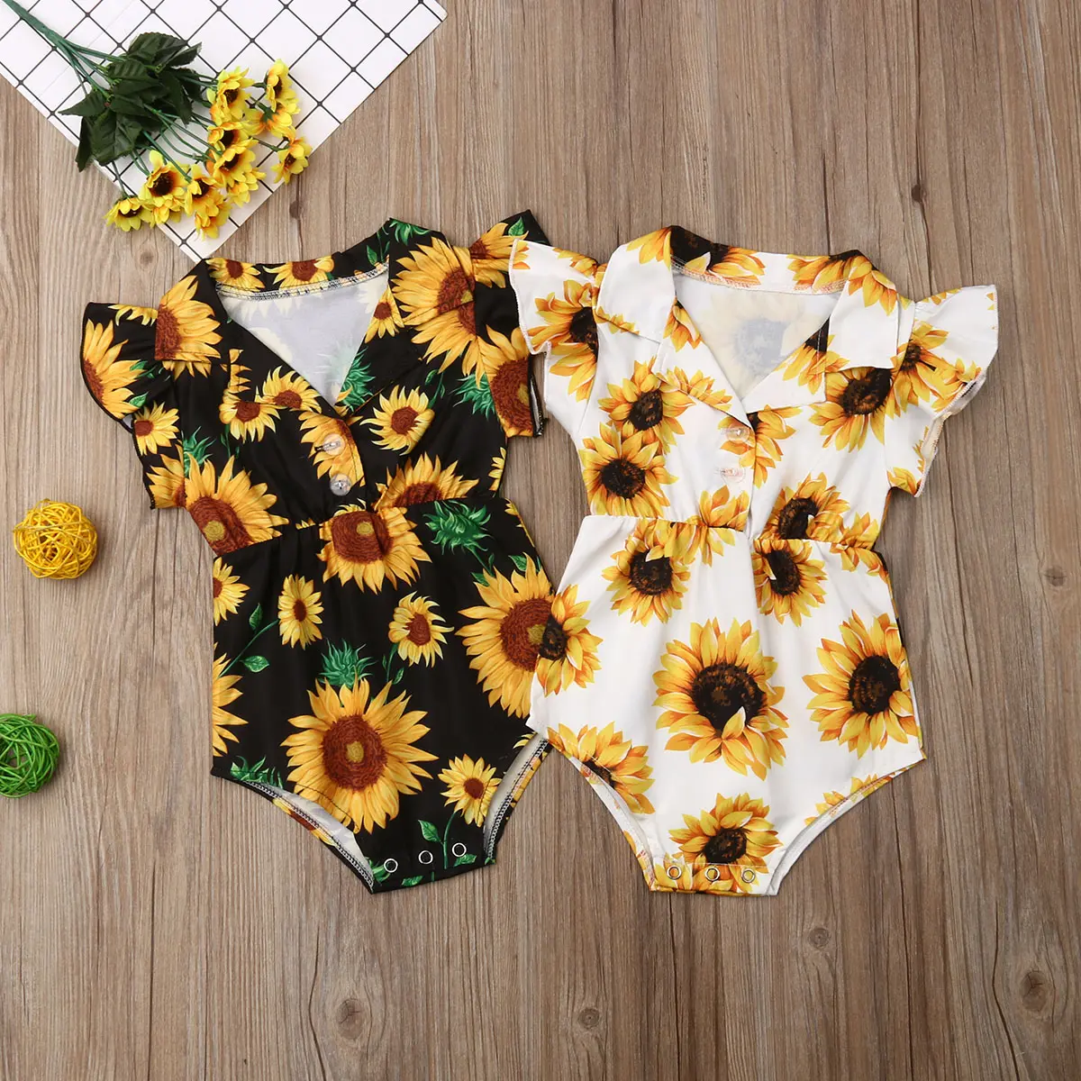 Newborn Baby Girls Short Sleeve Romper Sunflower Print Lapel Collar Flutter Sleeve Button Front Snap Crotch Summer Casual Playsuit