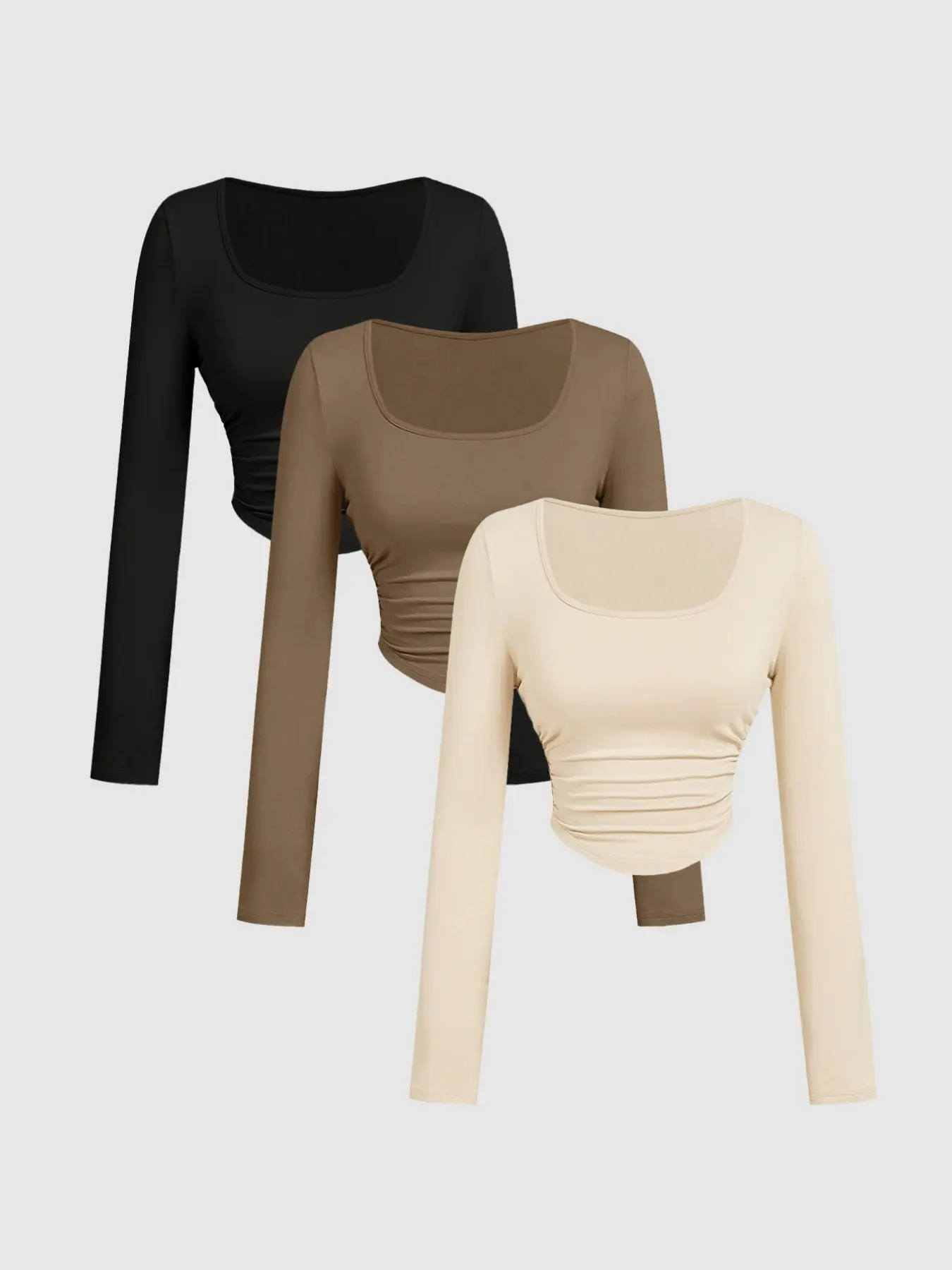 Three Colors Pack Square Neck Long Sleeve Side Ruched Slim Cropped Stretchy T‑Shirt Stretch Fitted Basic Top ideal for jeans matching downtown shopping daily outings and minimalist feminine layered outfits
