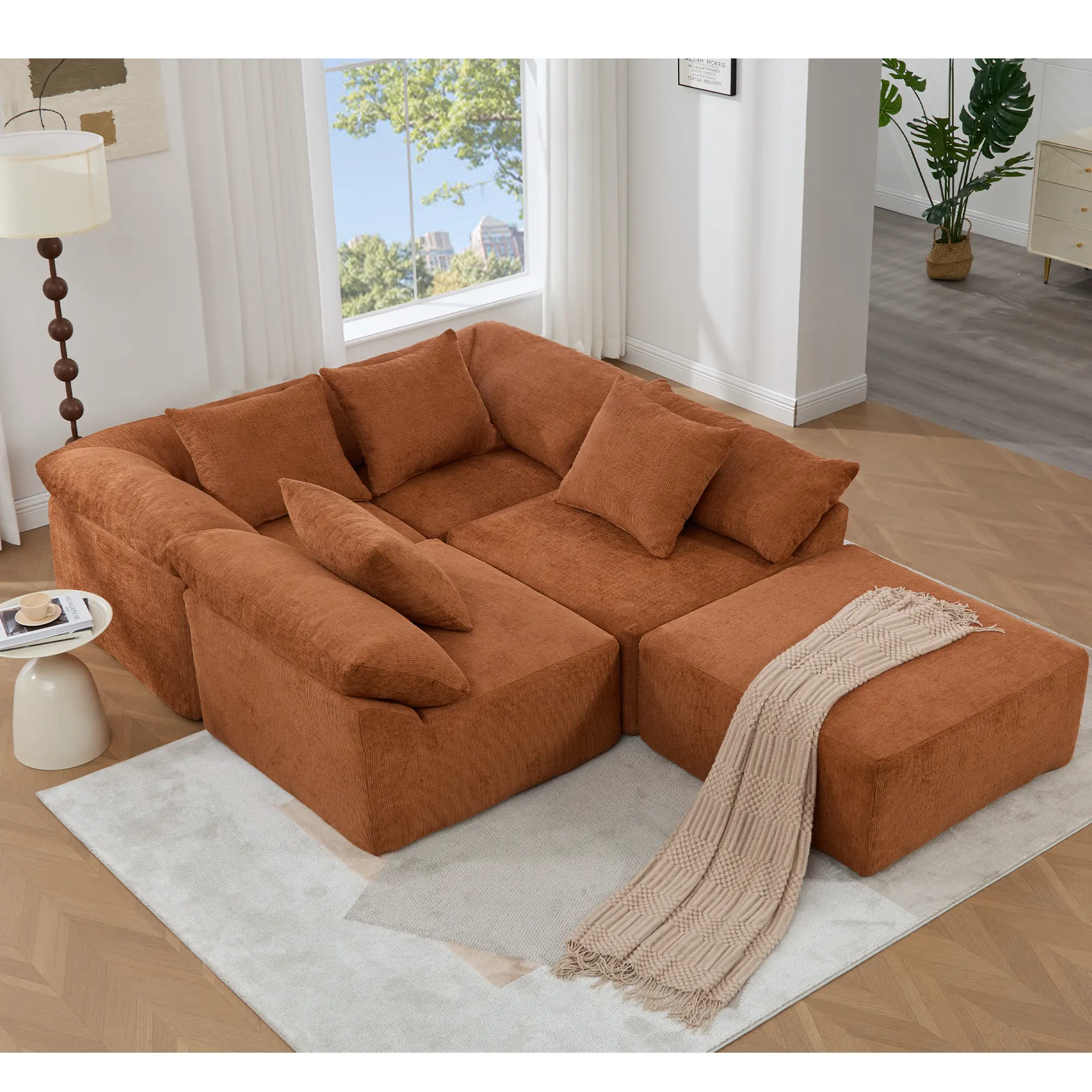 142-Inch L-Shape Modular Sectional Sofa Set with Ottoman, 5-Piece Convertible Sleeper, No-Assembly Full-Compressed Chenille Fabric, Orange Apartment Decor Studio Apartment Furniture, Free-Combination Living Room Lounge Couch