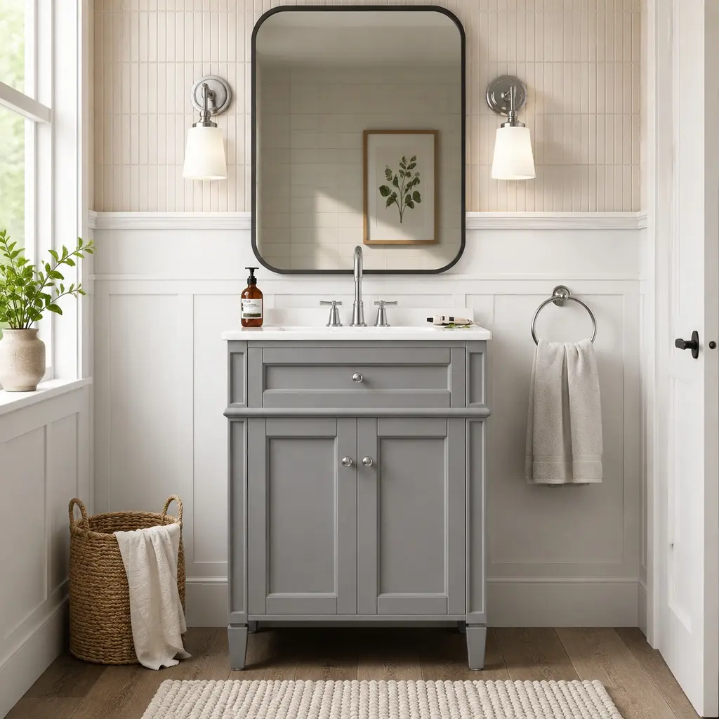 ARCH 24-Inch Gray Bathroom Vanity Floor Cabinet with Ceramic Sink, 2 Soft-Close Doors, Tip-Out Drawer, Built-In Organizers, Adjustable Shelf, Solid Wood & MDF Construction, Modern Bathroom Storage Cabinet for Small Spaces, Gray Color Options, Drawer Organ