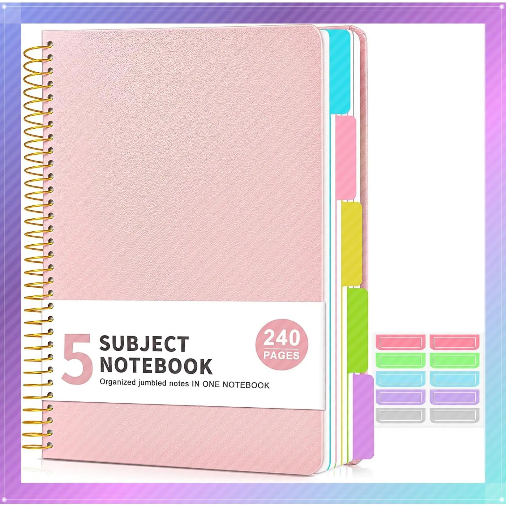 5 Subject College Ruled Spiral Notebook with Removable Pocket Dividers Tabs, 240 Pages Hardcover Notebook, 8.5 x 11 Lined Journal for Women, Work School Note Taking, PinkGift