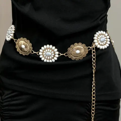 Bohemian Style Floral Carved Waist Chain for Women, Oval Shape Design Decorative Belt for Dresses, Unique Ethnic Fashion Accessory, Fashion Belts