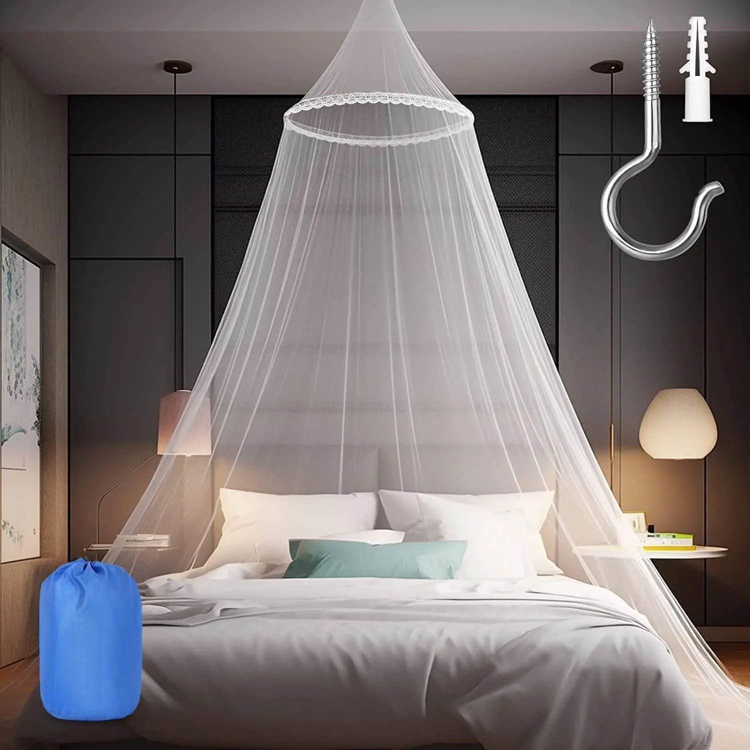 Large White Lace Flower Hanging Bed Mosquito Net - Girls' Portable Bed Canopy, Easy Installation, Ideal for Bedroom Decoration, Travel-Ready, Comes with Storage Bag