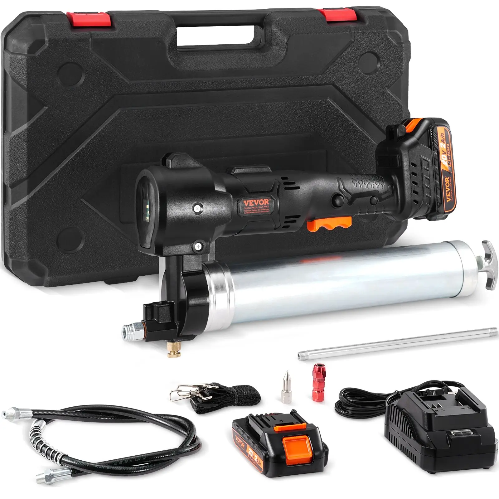 【Summerfinds】VEVOR Cordless Grease Gun, 20-Volt, 10,000 PSI, 39" Long Hose, Electric Grease Gun Kit Professional High Pressure Battery Powered Grease Gun with Carrying Case, Two Batteries & Charger Included, Blac