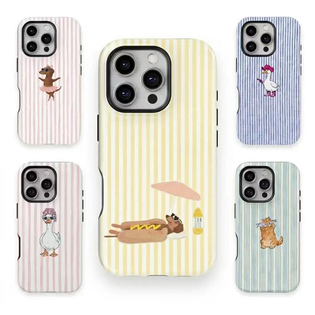 Funny Dachshund Yellow Striped Hot Dog Summer Aesthetic Phone Case Compatible With iPhone 17 16 15 14 Pro Max Plus 13 12 11 Spring Beach Cute Sausage Dog Pattern Cover Cellphone Durable