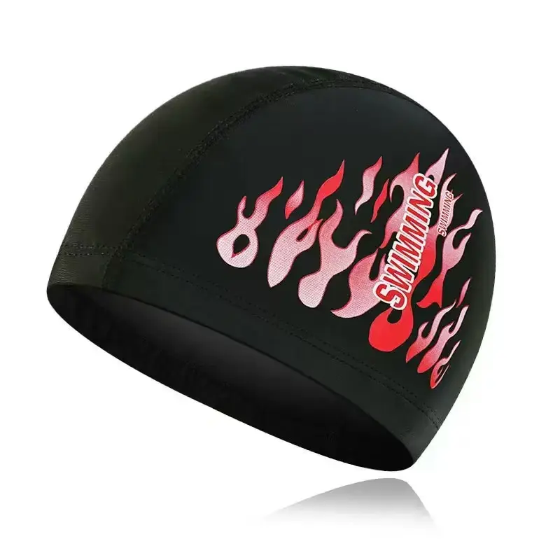 Men's Nylon Flame Print Swimming Cap - Adult Water Sports/Diving Hat with Full Ear Protection, Non-Tight Comfortable Fit