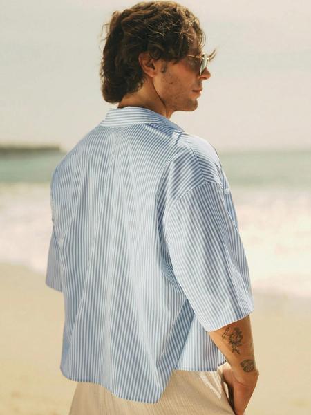 Men's Slim Fit Woven Striped Short Sleeve Casual Blue Shirt