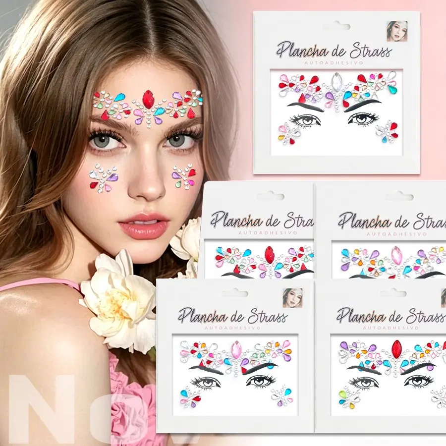 5Pcs Random Face Rhinestone Stickers, Festival Party Stage Makeup Forehead Gems, Eye & Face Sparkling Crystal Decorations