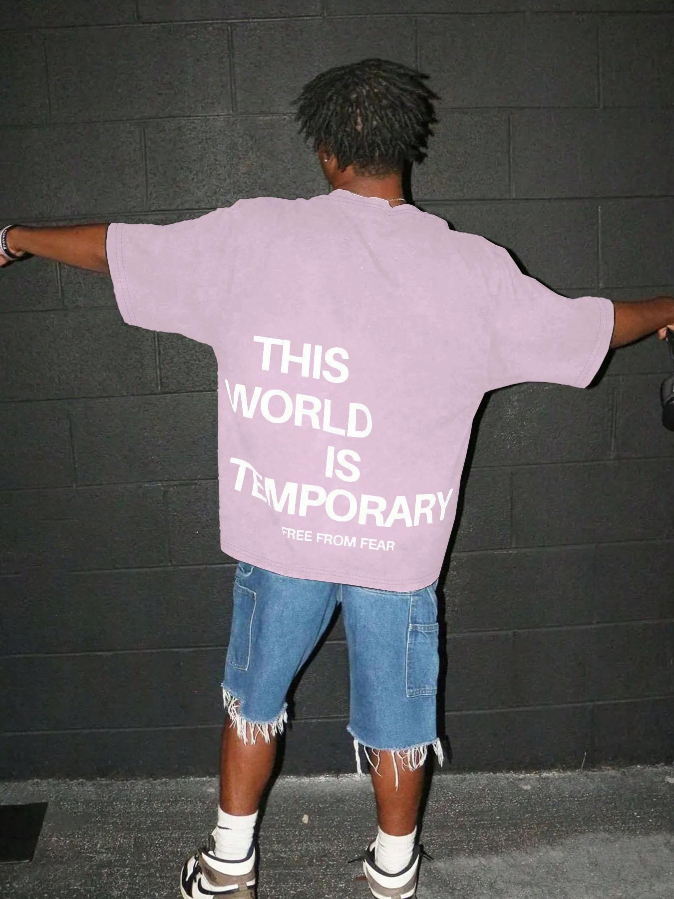 Men's Plain "THIS WORLD IS TEMPORARY" Letter Print Short Sleeve Graphic Tee, Loose Casual Comfy Round Neck T-shirt for Summer, Fashion Men's Top for Daily Wear