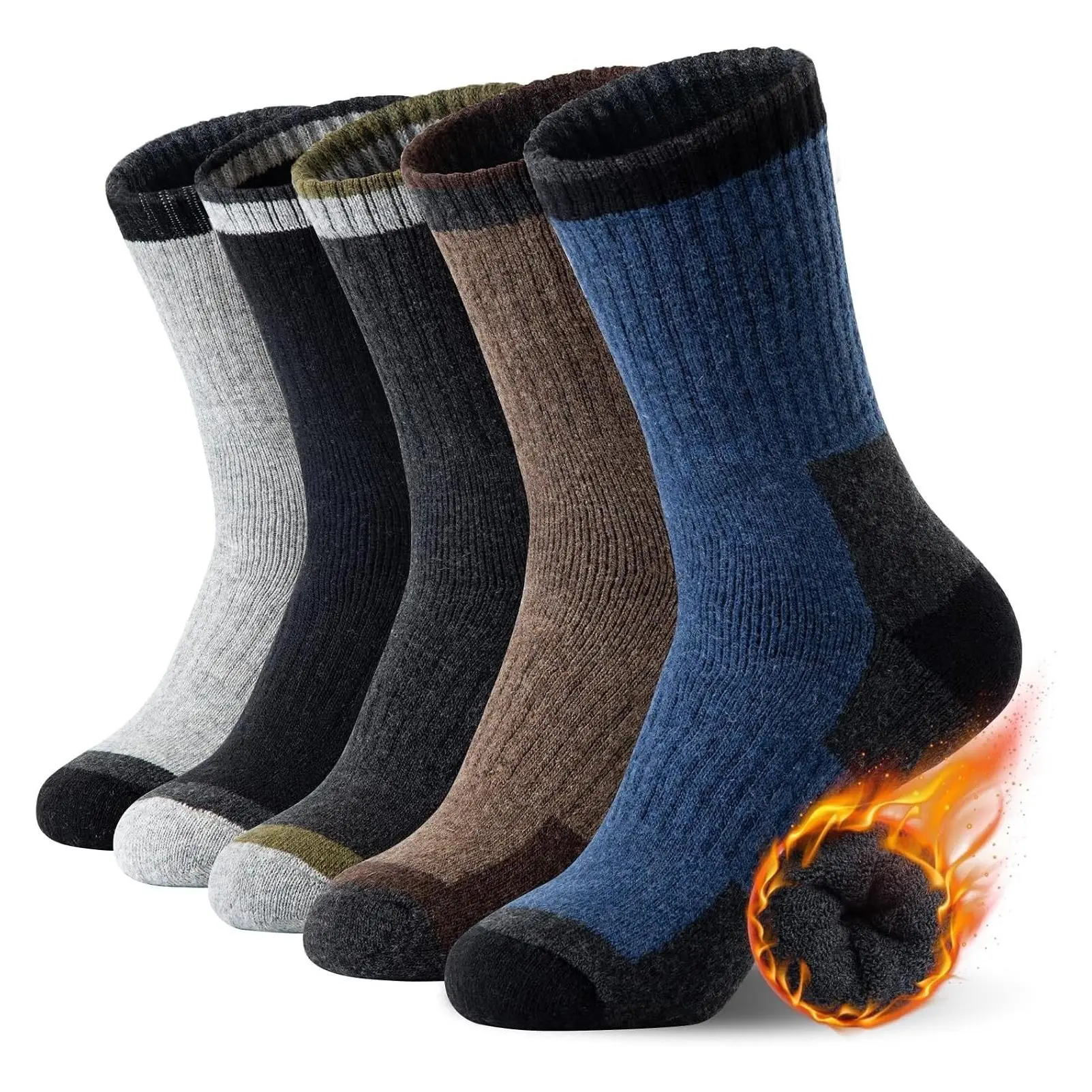 Merino Wool Hiking Socks for Men and Women, 5 Pairs Thick Thermal Crew Socks with Super Cushion, Moisture Wicking, Warm Insulation, BreathableGift