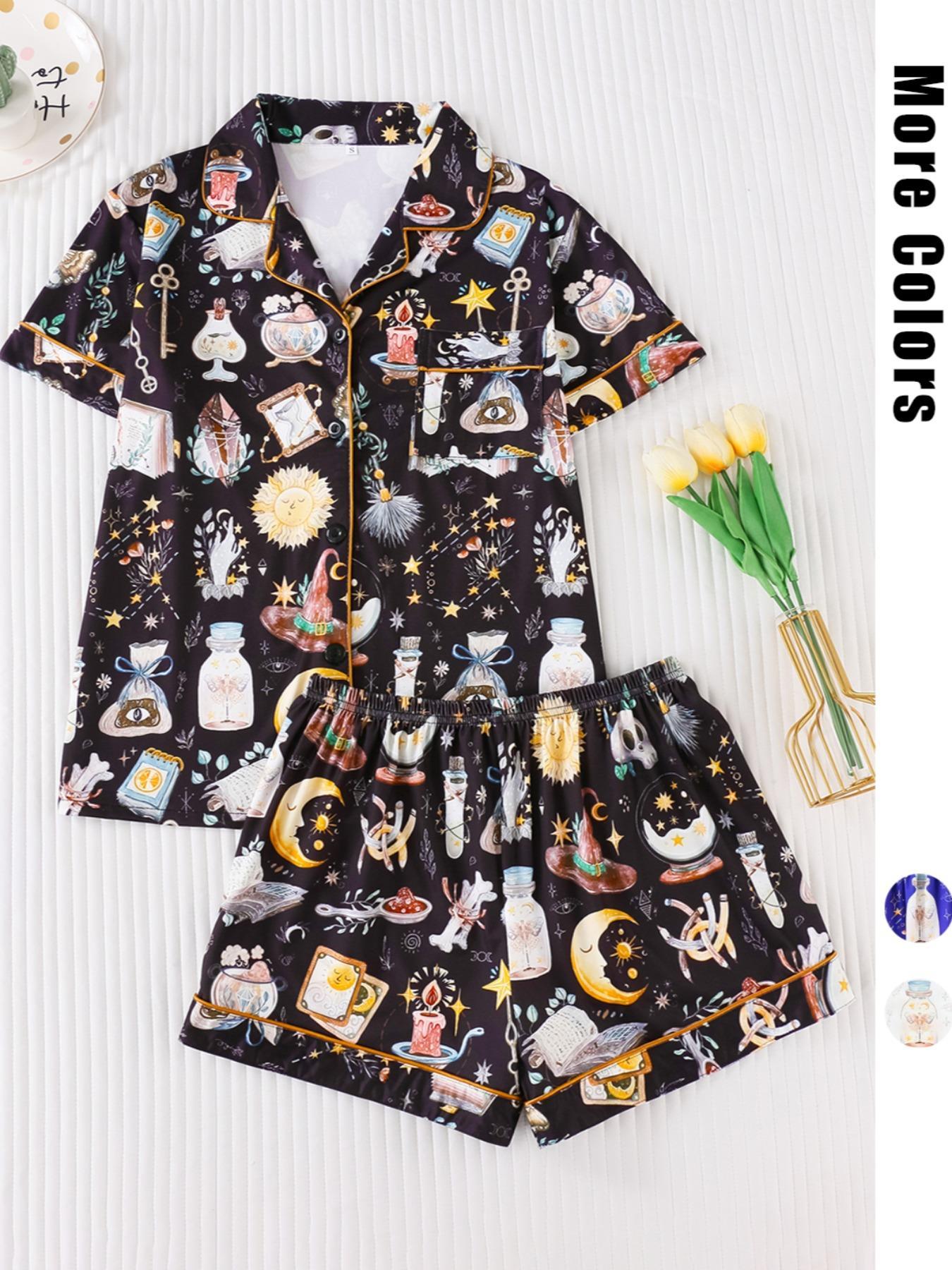 Women's All Over Print Pyjamas Two-piece Set, Casual Comfy Short Sleeve Lapel Neck Pajama Top & Elastic Waist Shorts PJ Set, Ladies Sleepwear, Loungewear Pajamas Set, Casual Pajama Sets