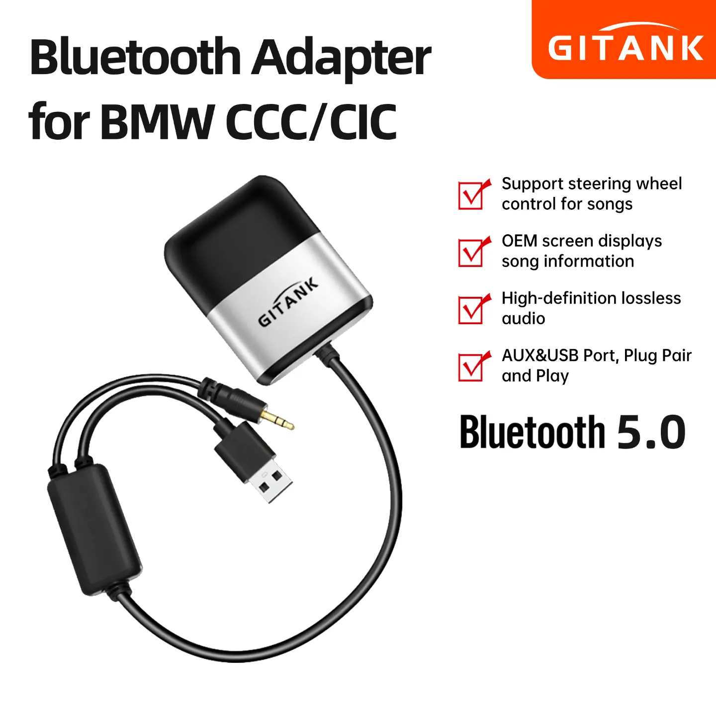 GITANK Bluetooth 5.0 AptX-HD Adapter with Y Cable for BMW USB+AUX iPod iPhone Music Interface