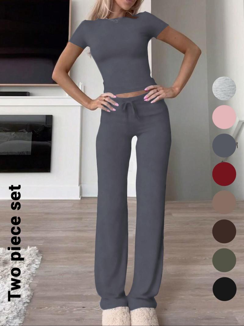 Women's Solid Short Sleeve Two-piece Set, Casual Round Neck Crop Tee & Drawstring High Waist Trousers for Daily Wear, Ladies Summer Clothes