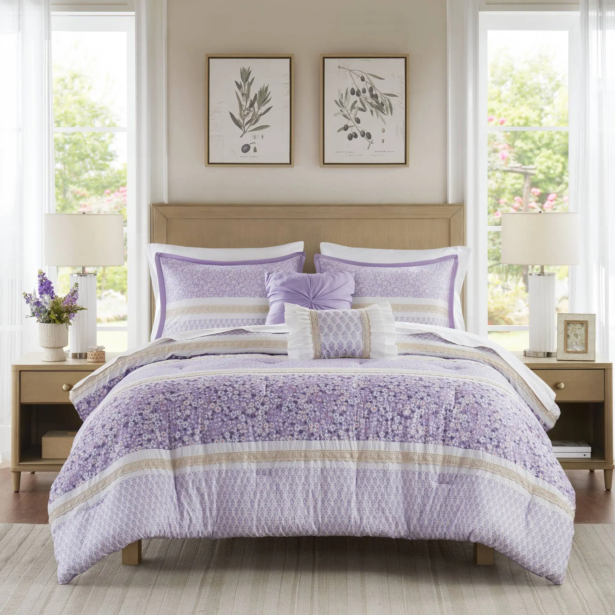Nokaa 5-Piece Full/Queen Seersucker Bed Comforter Set with Throw Pillows, Soft Lightweight Bedding Set, Shabby Chic Floral Print, Hypoallergenic Down Alternative, Machine Washable, Multicolor