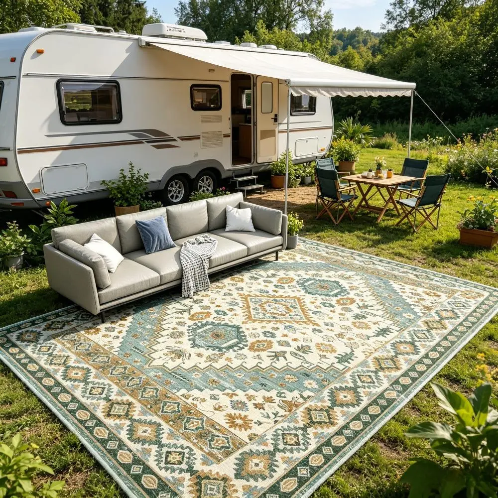 ORHOPUI Polyester Geometric Vintage Boho Outdoor Rug - Lightweight, Foldable, Reversible, Easy-Clean Neutral Tones Mat for Patio, RV Camping, Backyard - Multi-Size Options: 5x7, 6x9, 8x10, 9x12