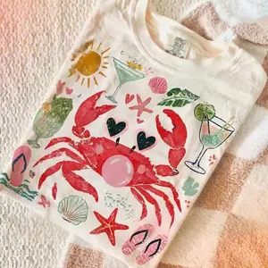 Women's Shortsleeve Novelty Crab Blowing Bubble Graphic Tee - Tropical Fabric, Nautical Beach Vibes, Customized Summer Gift