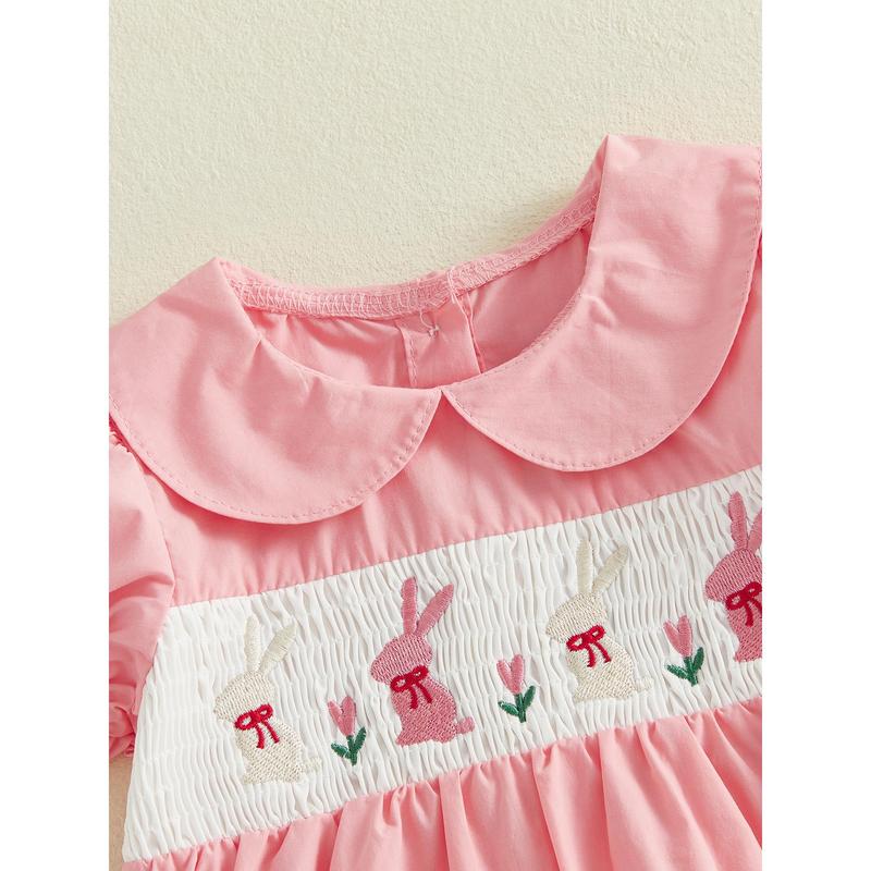 Toddler Baby Little Girls Easter Outfit Short Sleeve Smocked Embroidery Rabbit T-shirt with Elastic Waist Shorts Outfit 3M-3Y