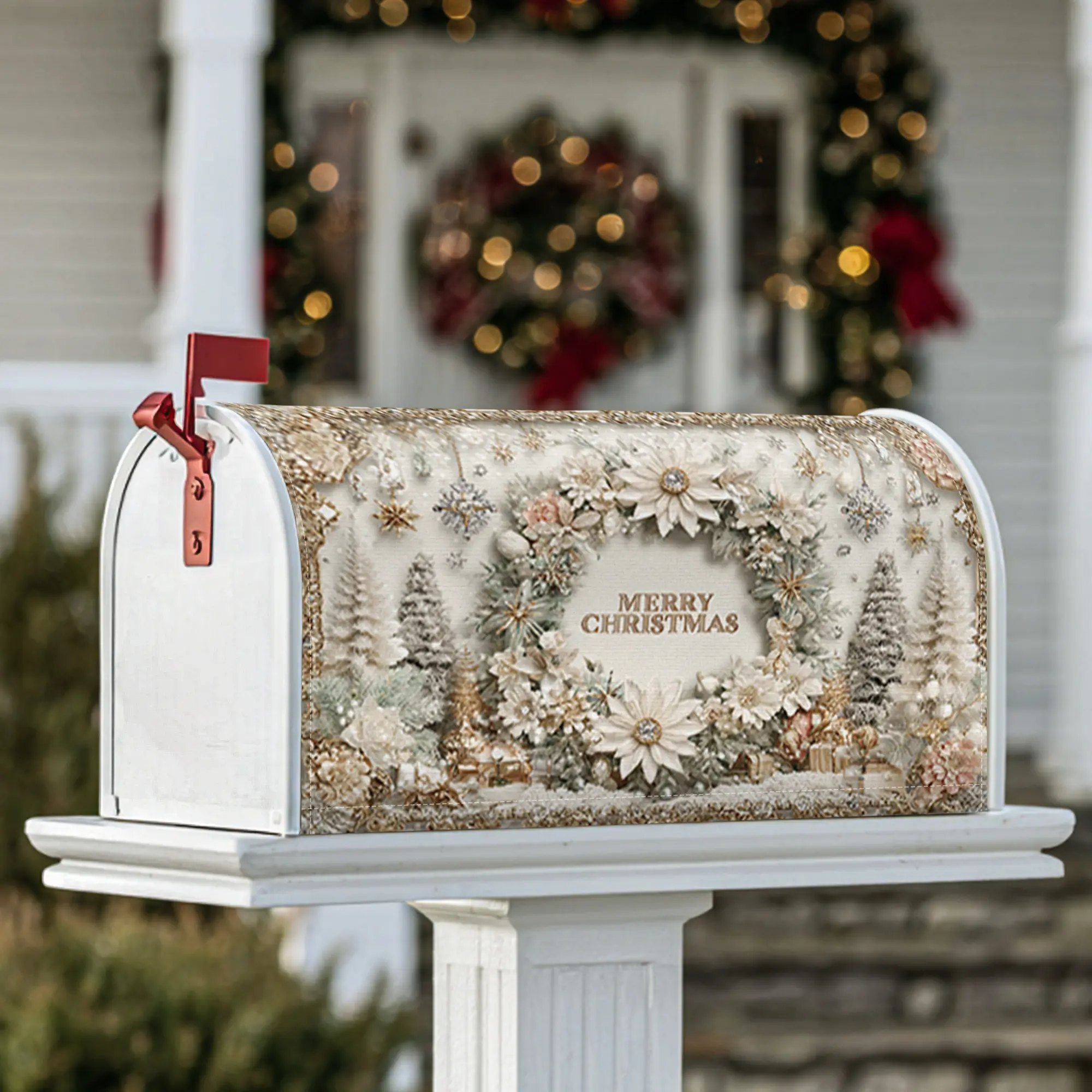 wreath Magnetic Mailbox Covers, Christmas festive flowers trees Christmas gold Decorative Mailbox Cover for Front Door Decor