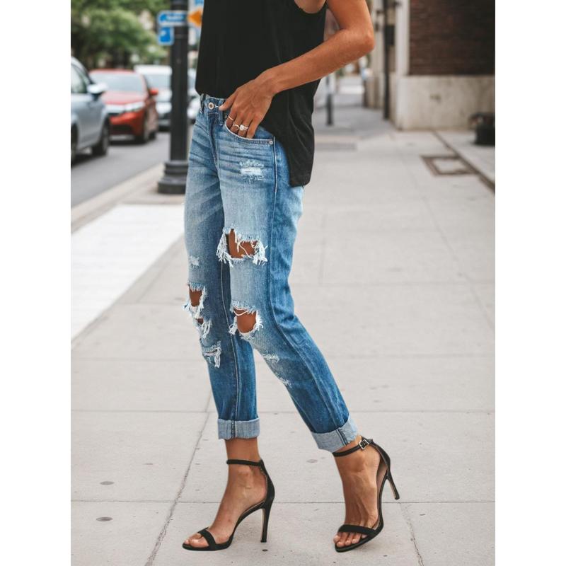 Amzglee Women's Denim Pants Ripped Jeans Low Rise Above the Ankle All Seasons Fashion