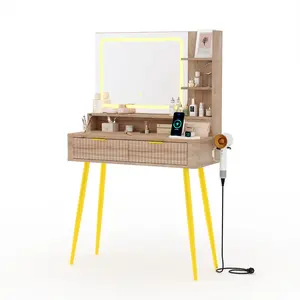 Modern Fluted Vanity Desk with Mirror and LED Lights – 3 Color Modes, 2 Drawers, Storage Shelves, Built-in Charging Station – Compact Bedroom Makeup Table – 31.5 Inch