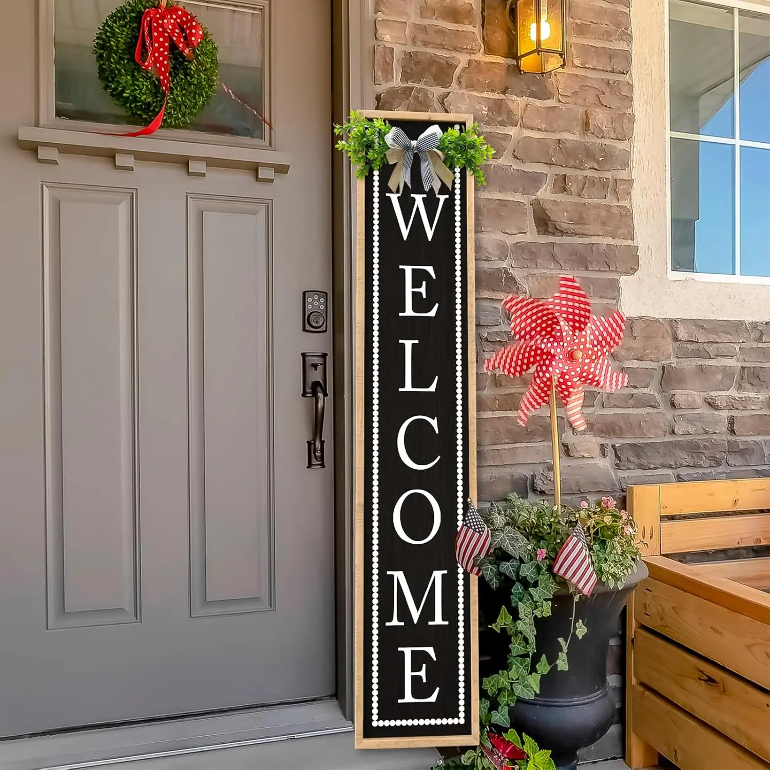 Welcome Sign for Front Porch Door Standing, Outdoor Large Wooden Home Rustic Farmhouse Yard Vertical Hanging Modern Entryway Plaques Outside Decorations (45"X9" Wood Black)