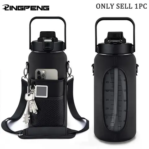 2000ML Large Capacity Sports Water Bottle with Time Markings, Leak-Proof Design, Insulated Sleeve, Hand & Shoulder Strap Carry, Travel Water Bottle, Water Bottle with Time Marker