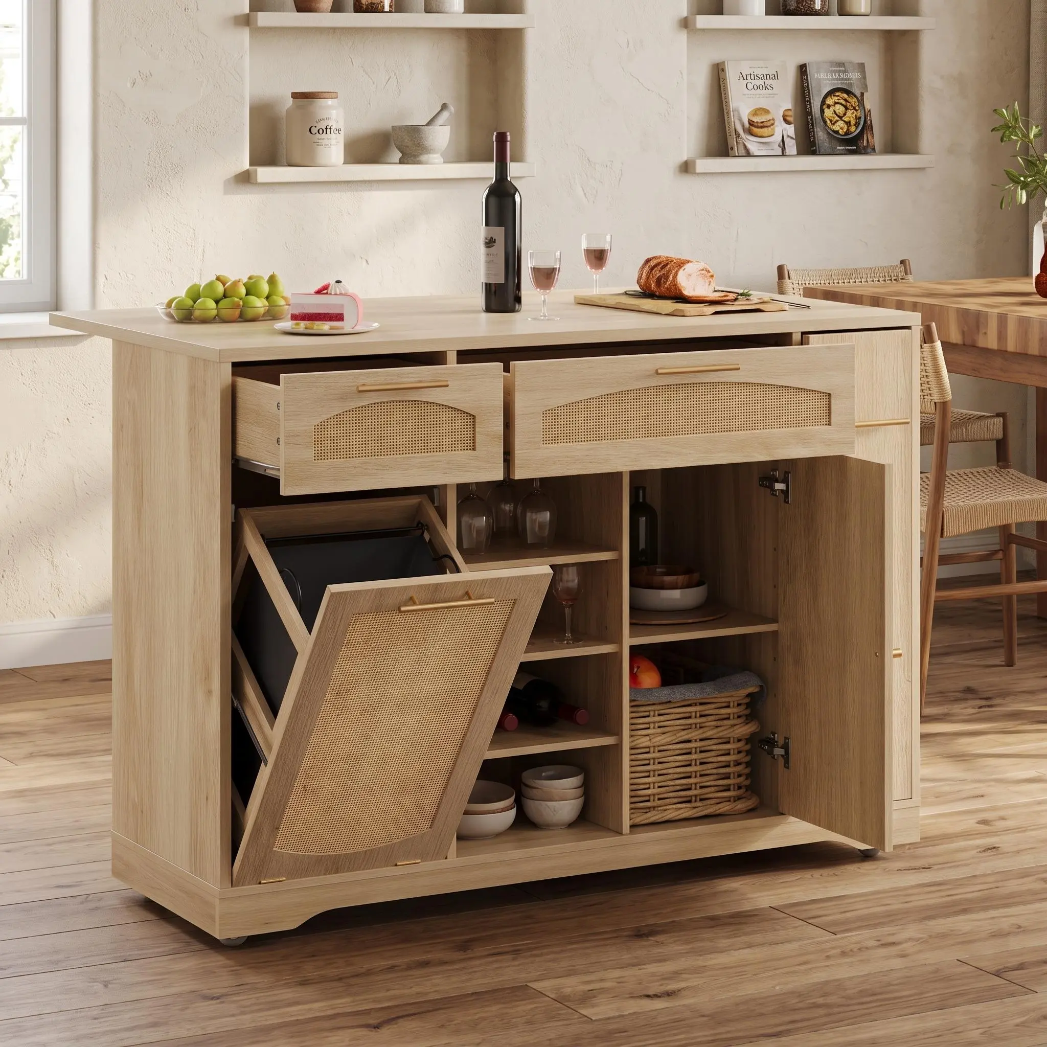 【IdealHouse】Narrow Size Rolling Farmhouse Wooden Kitchen Island Cart - 47in Indoor Kitchen Island with Drop Leaf, Storage Cabinets, Drawers, Wheels, Portable Space-Saving Furniture for Small Homes, A Kitchen Island