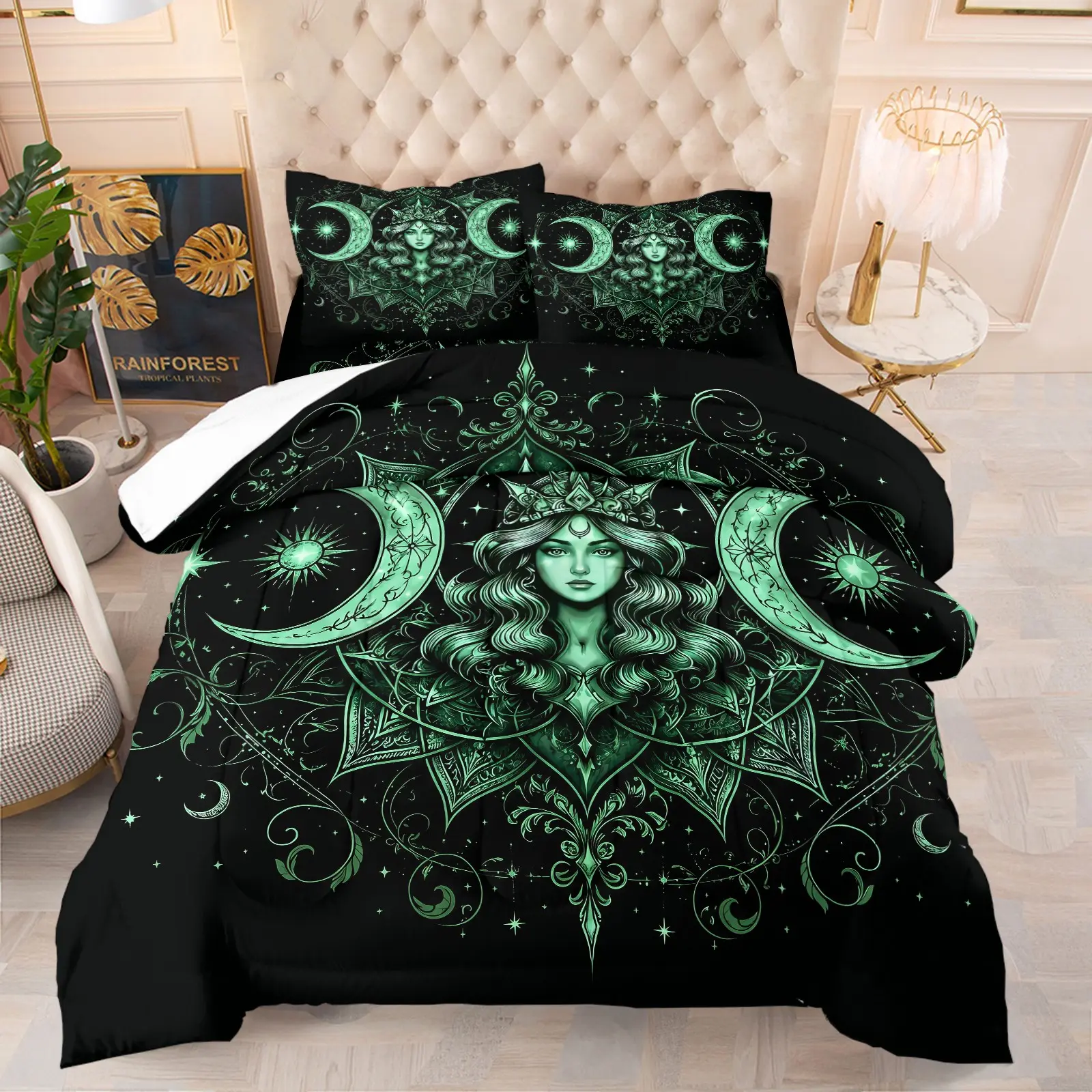 Witchy Celestial Triple Moon Goddess Print Comforter Set, Includes 1 Comforter and 1-2 Pillowcases, Mystic Mandala Crescent Moon Pattern Print, Gift for Kids, Teens and Adults, Mystical Gift for Witchy & Spiritual Fans