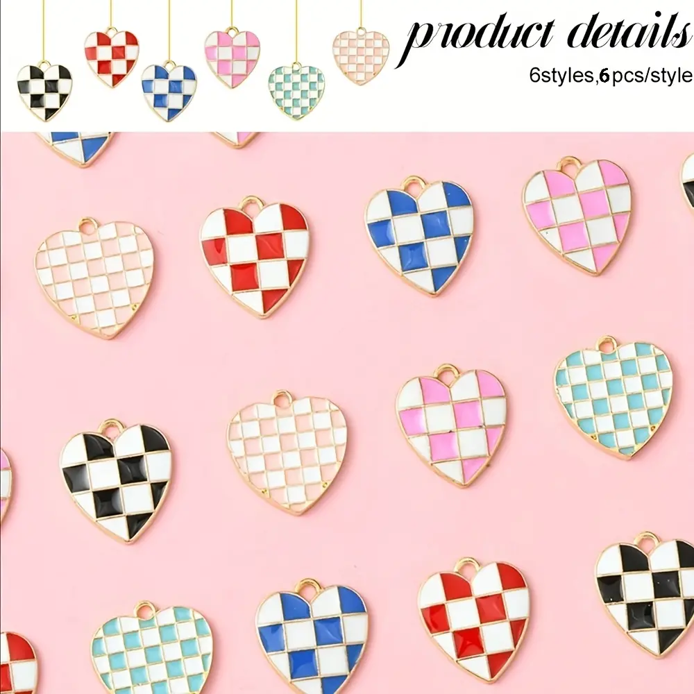 36 pieces, 6 different styles of alloy pendants, heart-shaped checkered pendants, available in mixed colors. Suitable for DIY bracelet, necklace and earring accessories. Dimensions: 17-17.5 × 15-17 × 1.5 mm. Hole diameter: 1.6-1.8 mm.