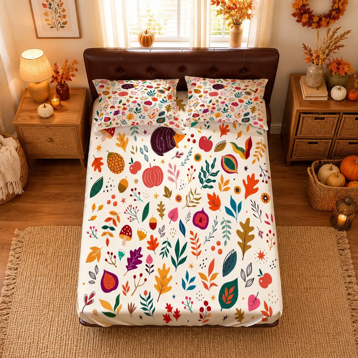 3 Pieces Colorful Autumn Leaf Pumpkin Fruit Fitted Sheet Set (1 Fitted Sheet + 2 Pillowcases, No Inserts Included), Vibrant Digitally Printed Breathable Elastic Bedding, Suitable for Bedroom, Dorm & American Farmhouse Thanksgiving Autumn Home Decor