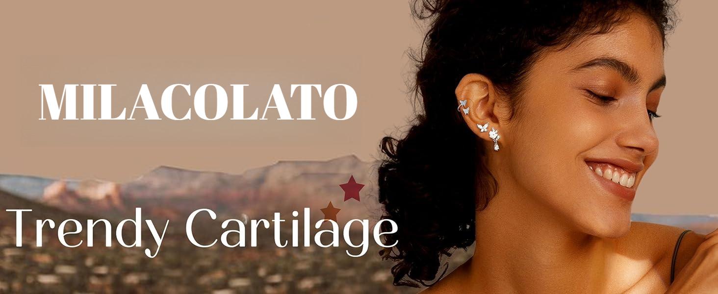 MILACOLATO 16 Gauge Cartilage Earrings Helix Earrings for Women Stainless Steel Helix Piercing Jewelry Leaf Butterfly CZ Studs Flat Back Cartilage Earrings Set 9Pcs