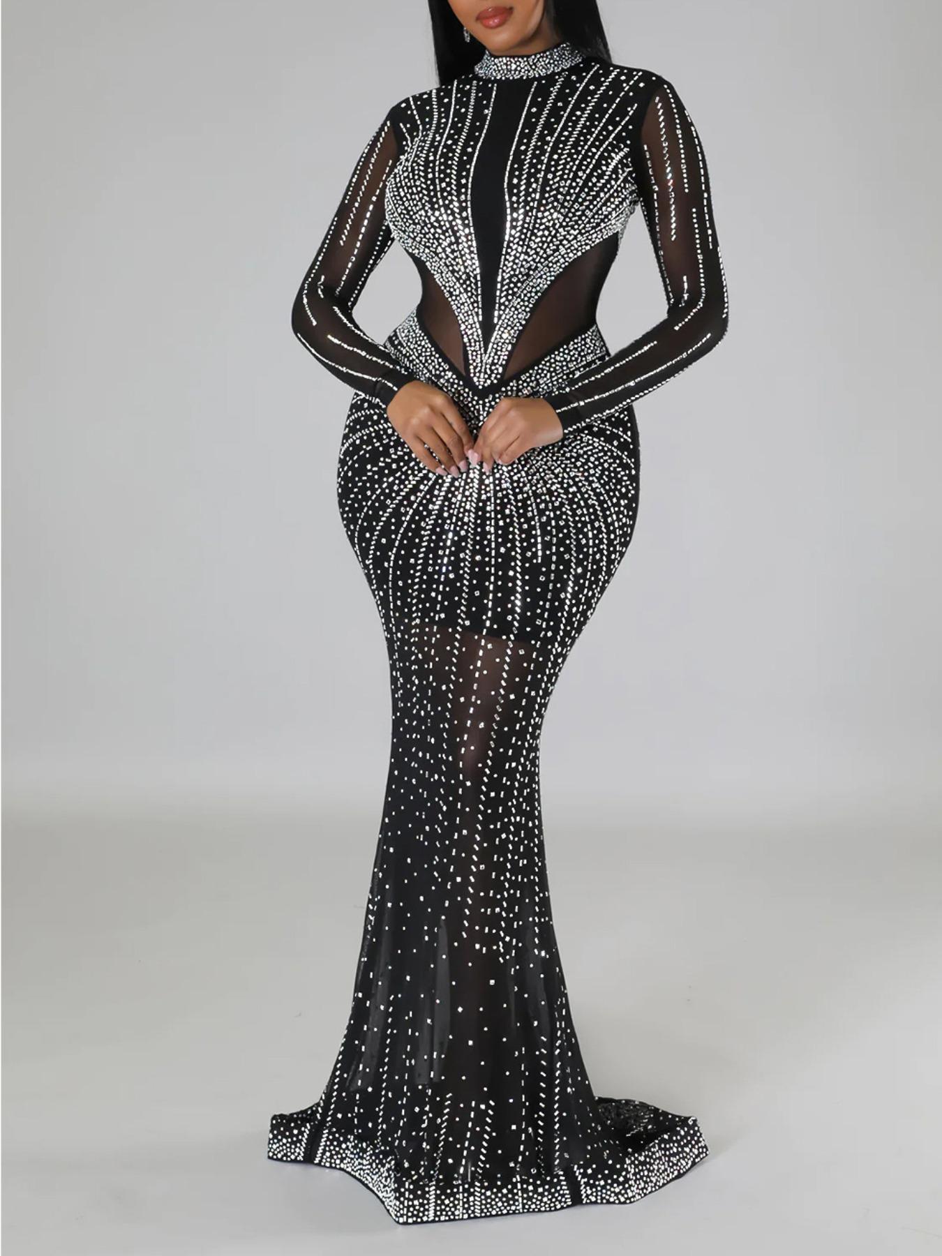 Women's Rhinestone Decor Contrast Mesh Sheer Bodycon Dress, Elegant Long Sleeve Stand Collar Maxi Dress, Elegant Evening Gown, Formal Dresses for Party Club Dating Formal Wear, Ladies Clothes for All Seasons