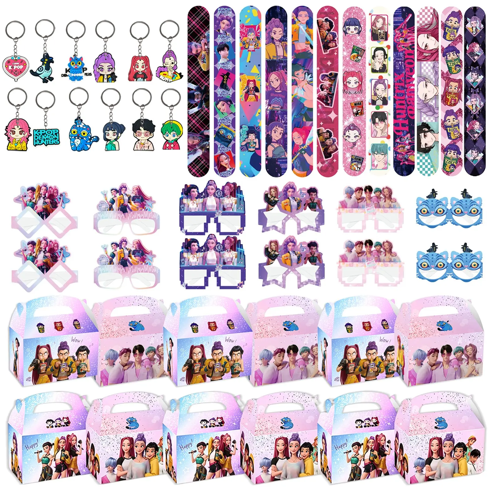 Korean cartoon girl group party gift set, 4-piece set, including 12 bracelets, 12 keychains, 12 gift suitcases, 12 styles of party decorative glasses. If you are preparing, get these 4 high-appearance party sets directly!