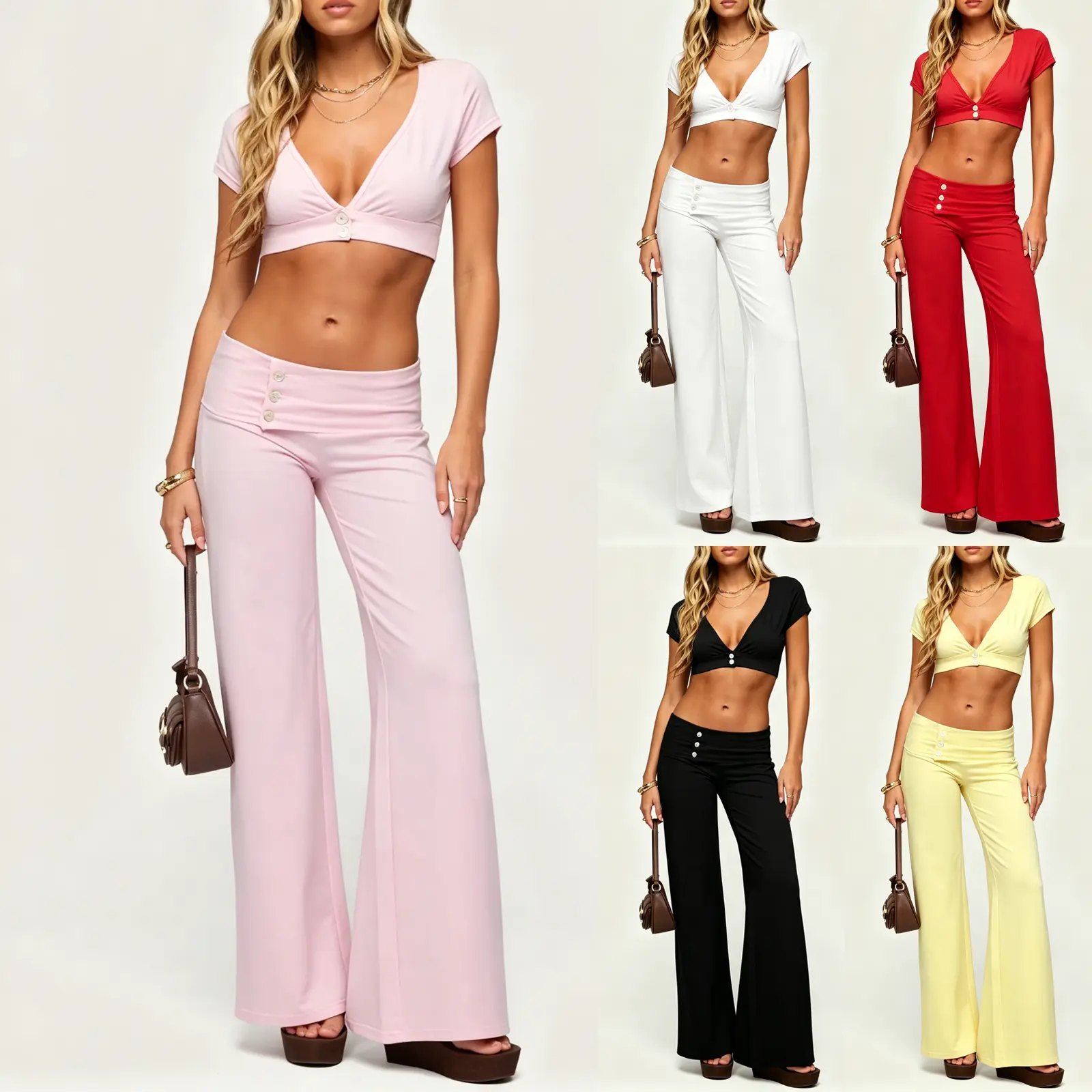 Women Y2K 2 Piece Matching Outfit Deep V Neck Short Sleeve Button Crop Top & Fold Over Waist 3 Button Flare Bell Bottom Pants Set  Soft Stretchy Rib KnitFitted Two Piece Tracksuit