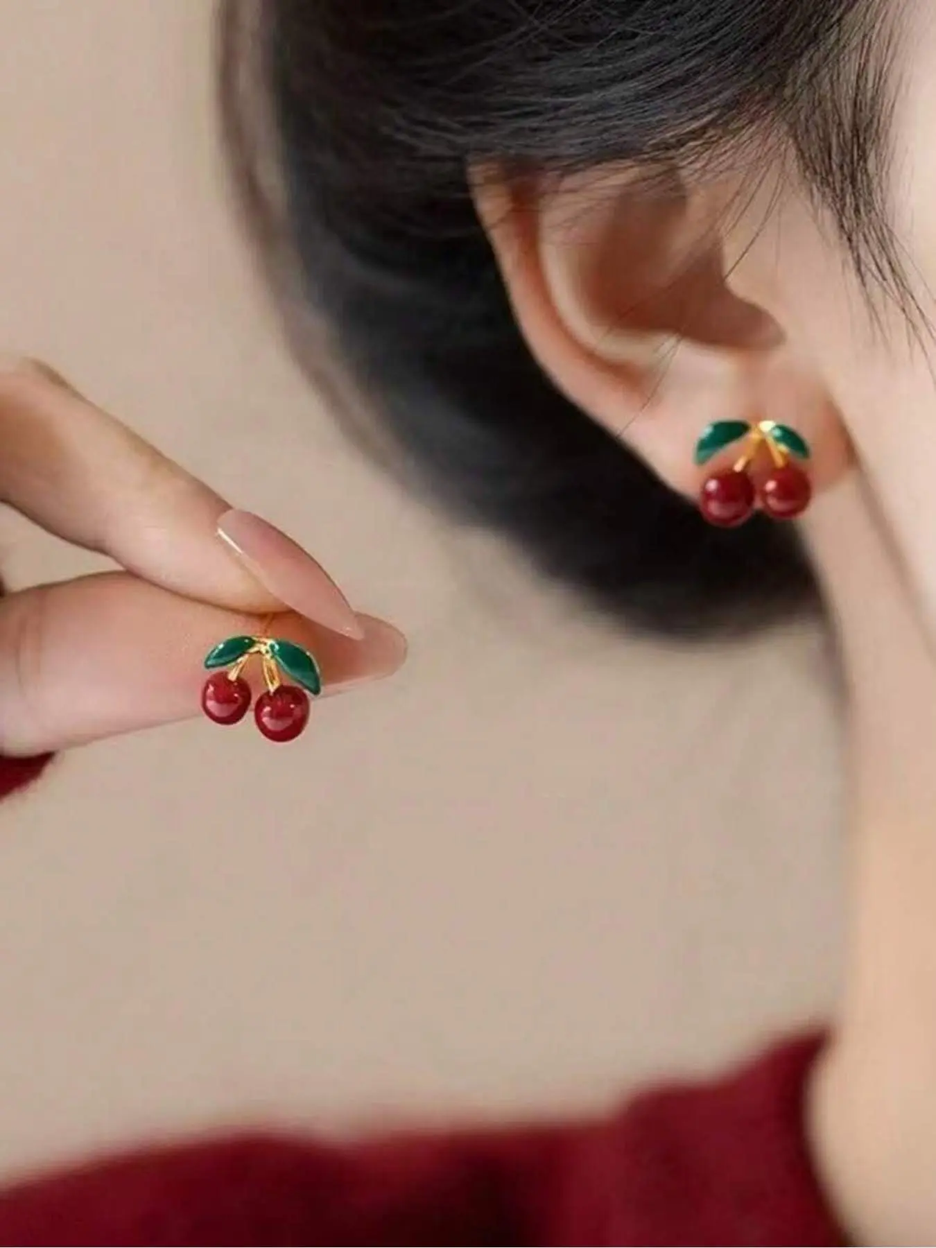 1 Pair Cute Cherry Pattern Earrings, Sweet Red Color Studs, Student Daily Casual Wear Jewelry For Women, Casual Trendy Jewelry