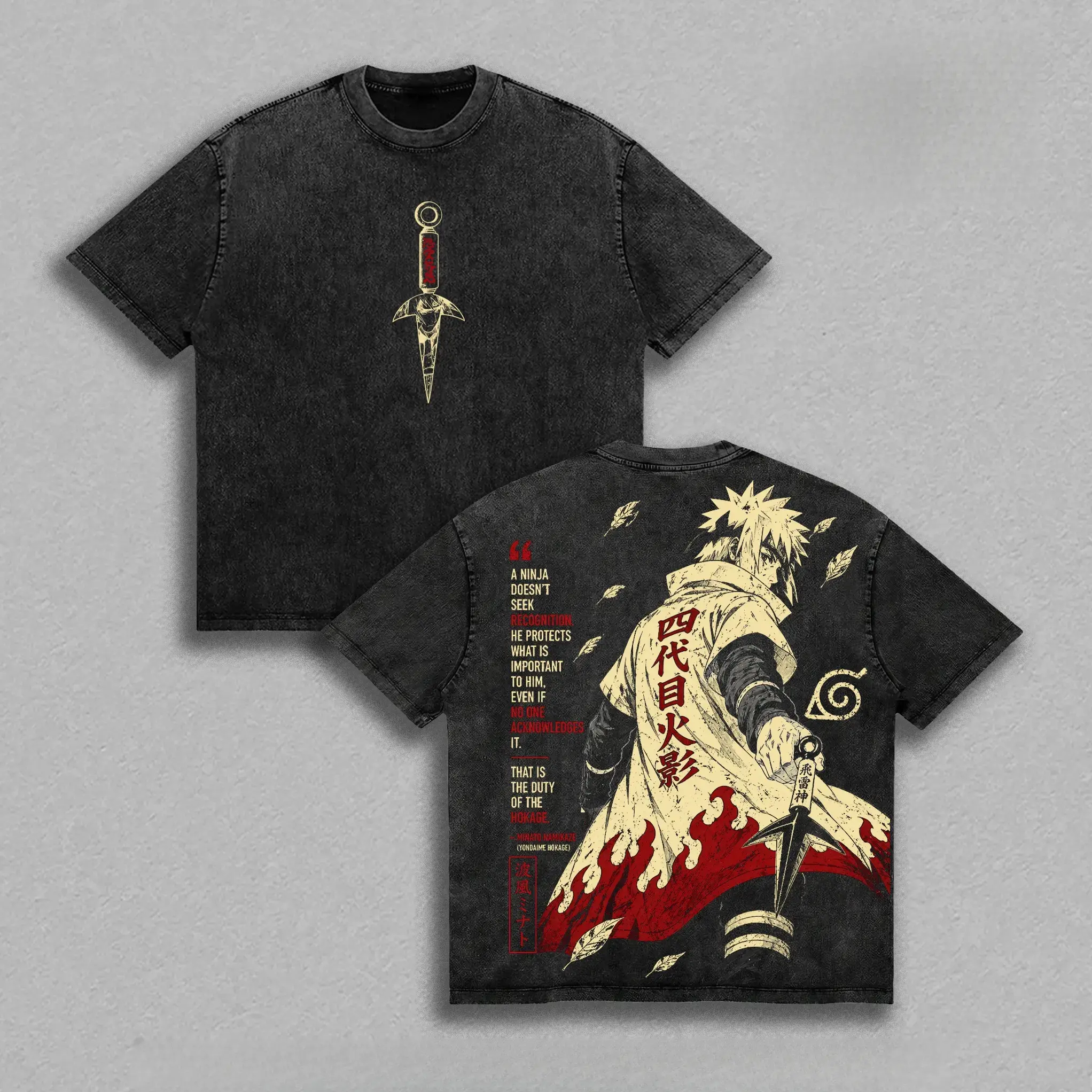 Yellow Flash themed vintage washed cotton crew tee, tiny pale kunai front emblem & full back Minato Namikaze character illustration, retro shinobi anime streetwear great for fan meetups, birthday & manga fandom holiday gifting