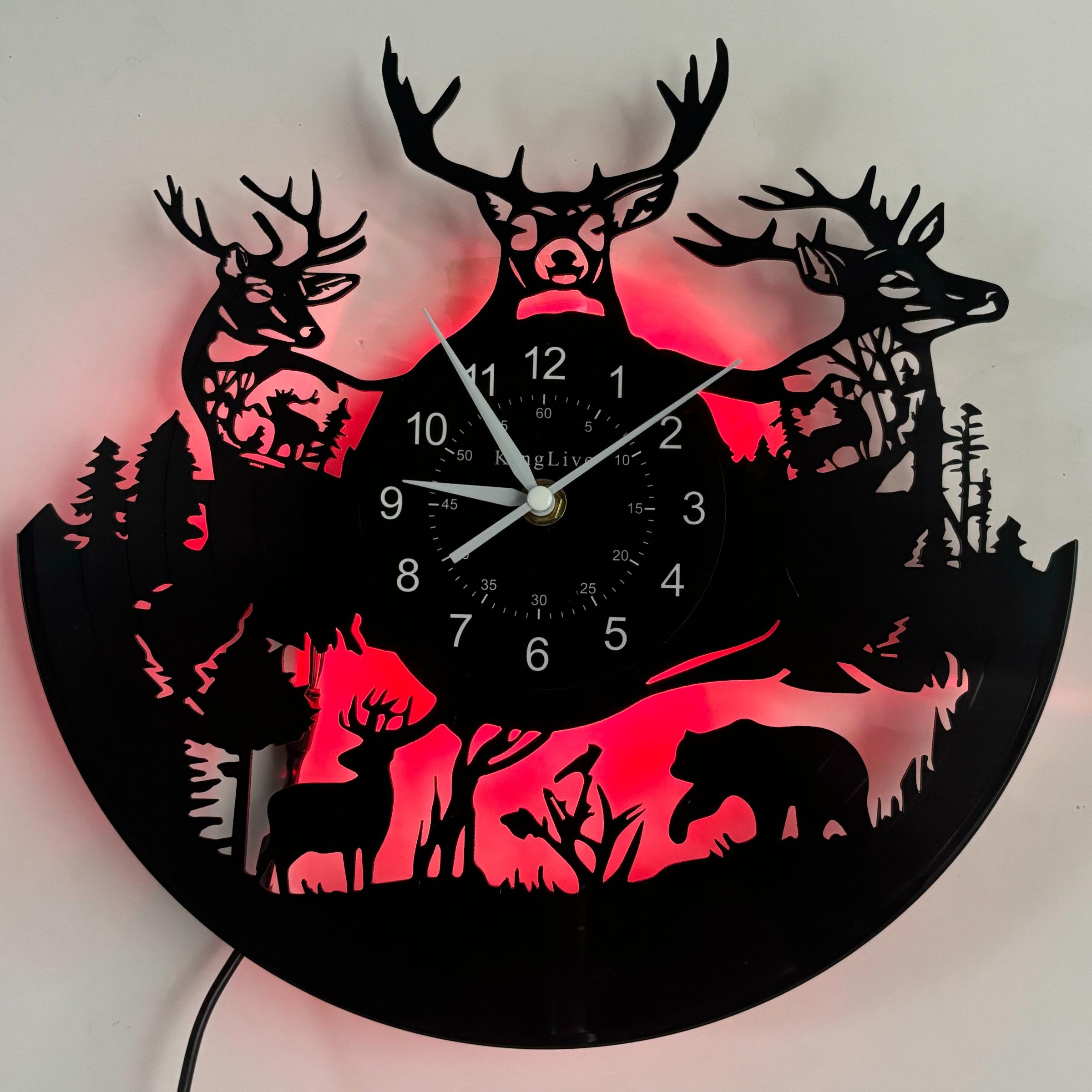 Vintage Forest Deer Vinyl Wall Clock, Christmas & Easter Themed Seven-Color LED Display, Creative Decorative Clock, Home & Office Decor, Unique Bar Decoration