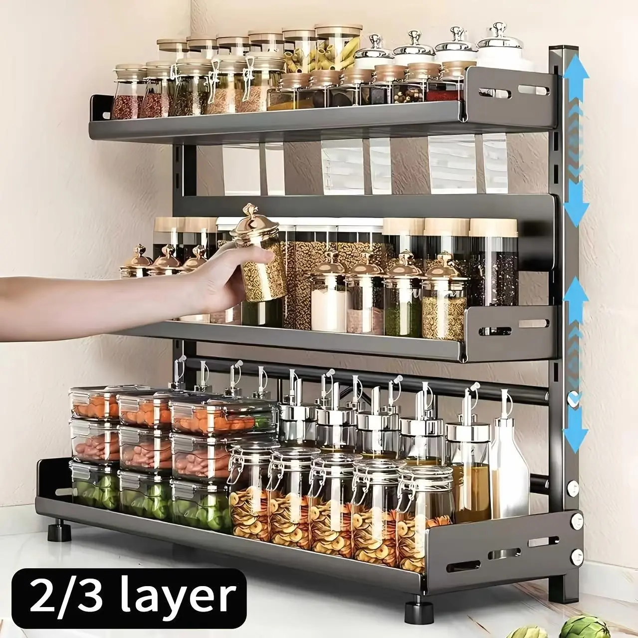 2/3 Tier Kitchen Spice Organizer, 15.75/19.69inch Spice Jar Organizer, Metal Rustproof, Height Adjustable Vertical Large Spice Organizer With Guard Rails And Knife Holder For Kitchen, Bathroom Storage Organizer, Moving Gifts!