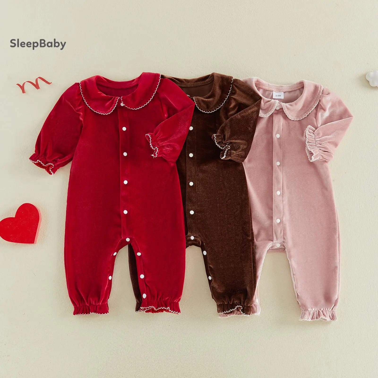 Toddler Baby Velvet  Playsuit for Newborn Peter Pan Collar Lace Edge Long Sleeve Ruffle Cuff Full Snap Closure Cozy Warm Fabric Indoor Daily Winter Loungewear Gentle Seasonal, Elastane Blend, Full Snap Close