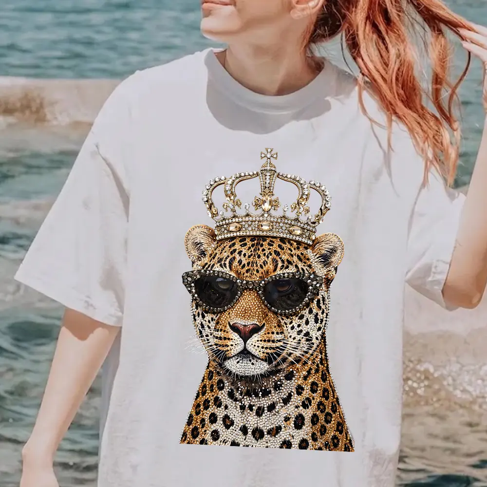 Trendy Sparkly Leopard Back Graphic Tee | Crown Diamond Sunglasses Y2K Aesthetic T-Shirt for Women Men, Oversized Streetwear Casual Short Sleeve Top