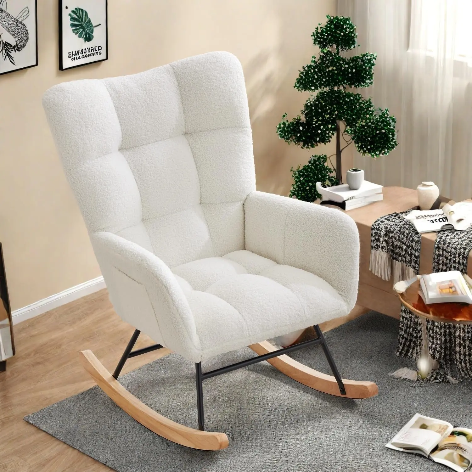 Rocking Chair Nursery, Teddy Upholstered Glider Rocker with High Backrest, Reading Chair Modern Rocking Accent Chairs with Side Pockets for Living Room, Nursery, Bedroom